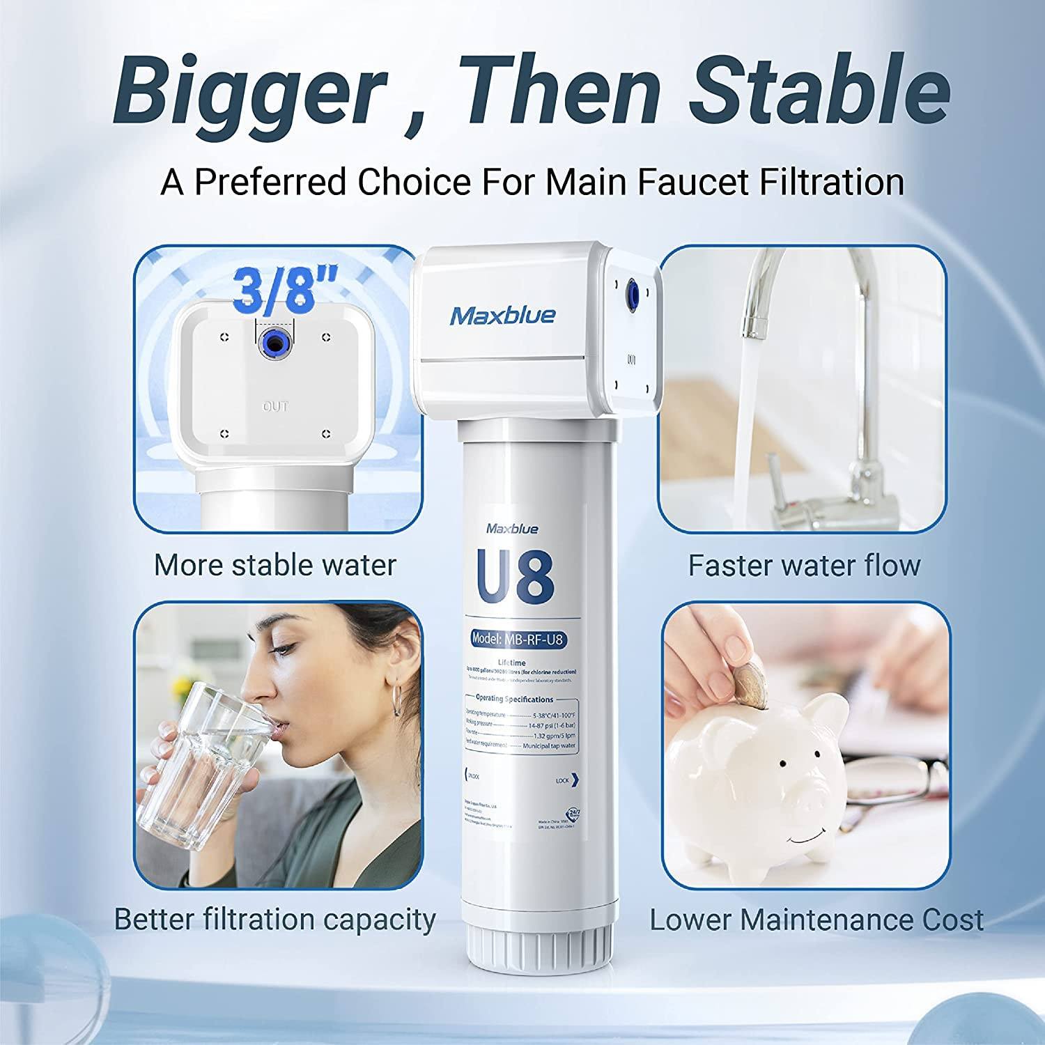 U8-ST under Sink Water Filter, 2 Years High Capacity, Reduces Lead, Chlorine, He