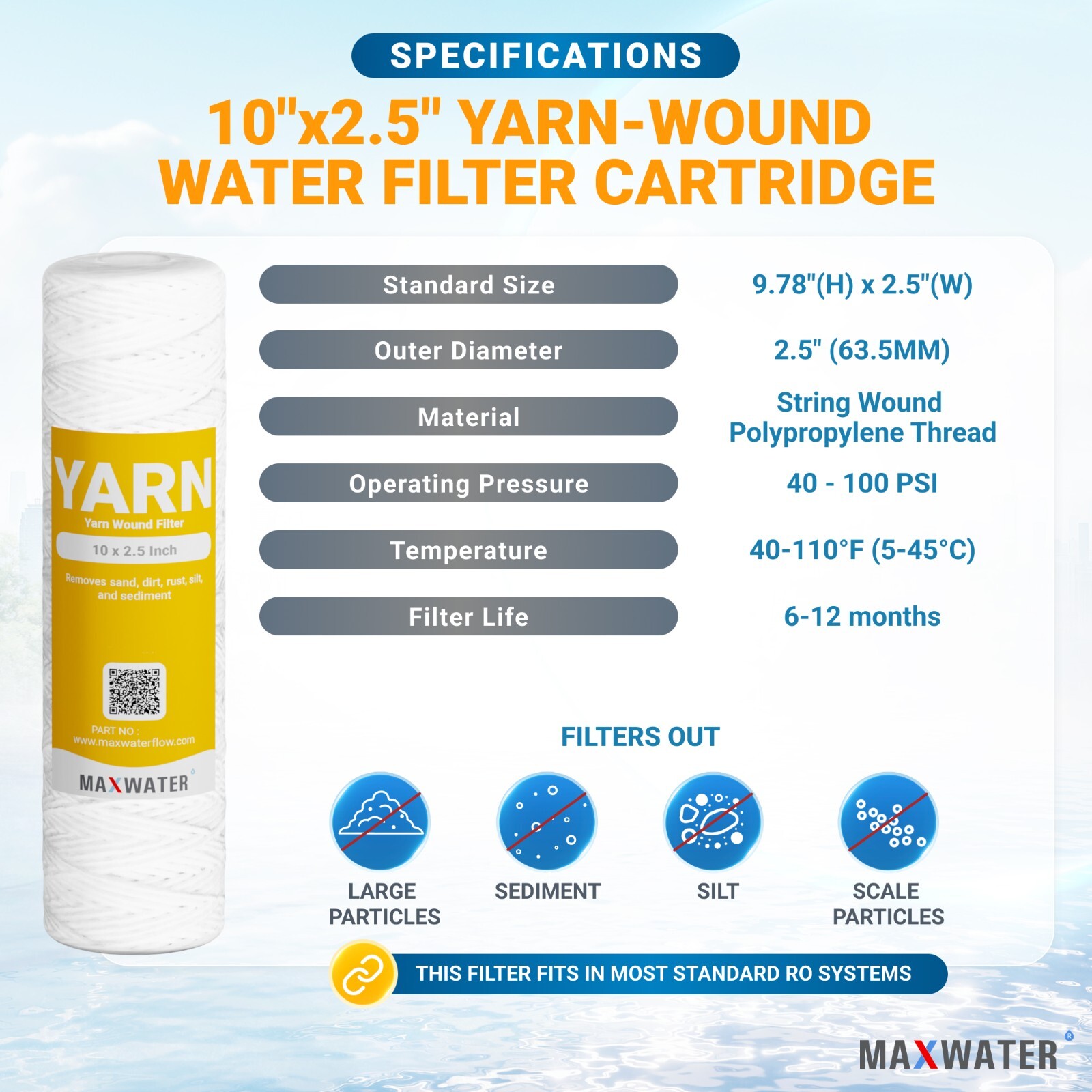 String Wound Sediment Water Filter Cartridge Standard 2.5×10″ 1 Micron 25 Pack