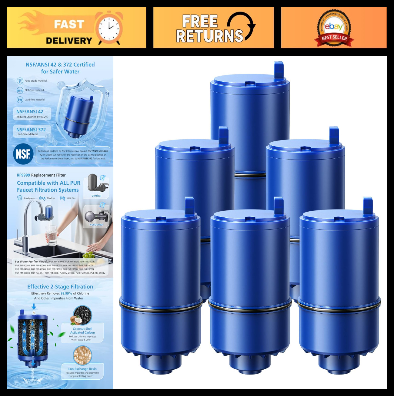 6 Pack Faucet Mount Replacement Filter – 3-in-1 Mineral Filtration, Lead Removal