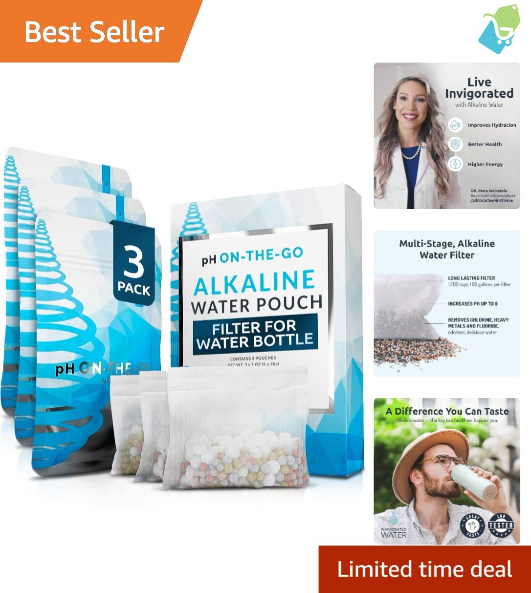 Portable pH On-The-Go Water Filter – Alkaline Pouch for 98 Liters of Pure Water