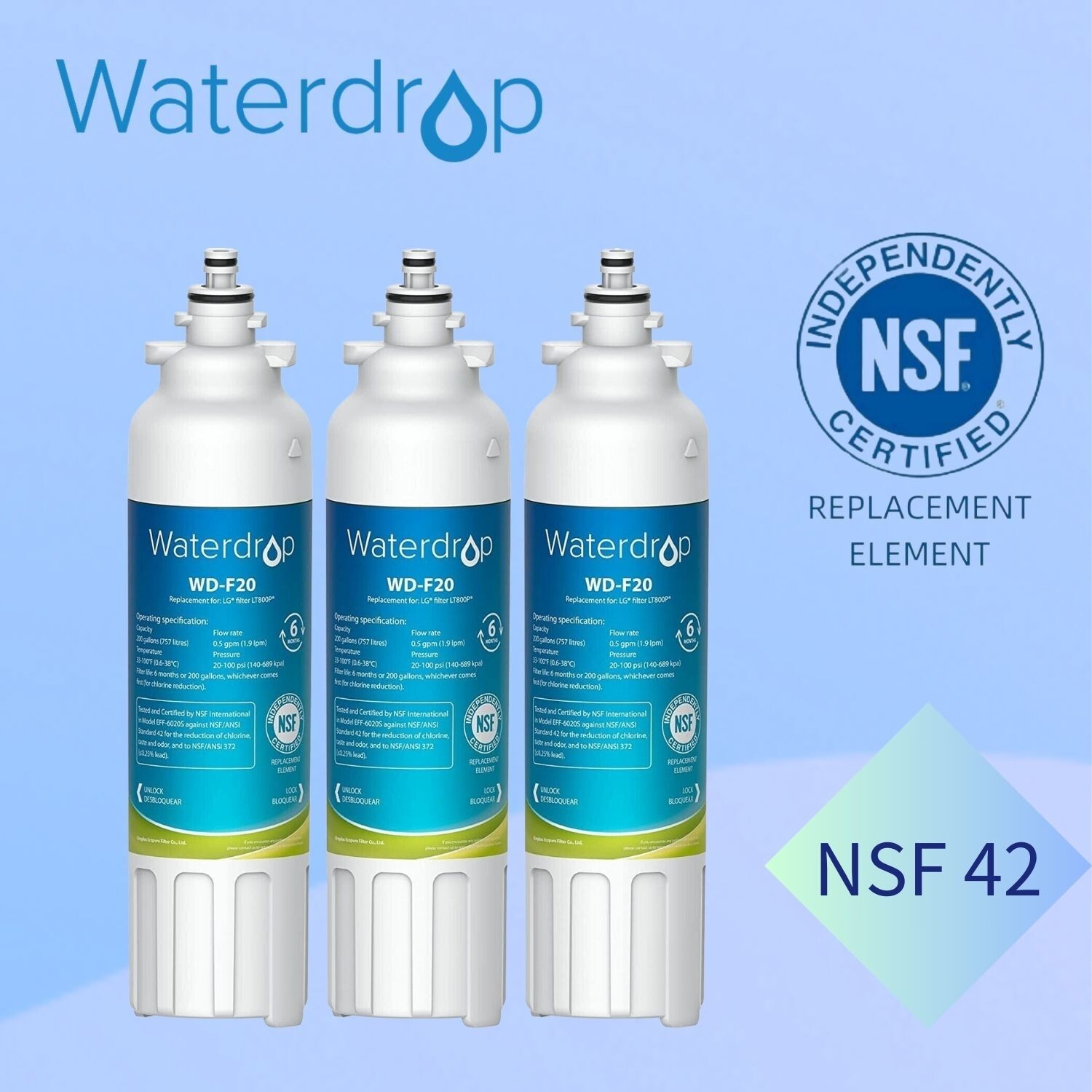 3 Pack LG® LT800P® ADQ73613401 Refrigerator Water Filter by Waterdrop