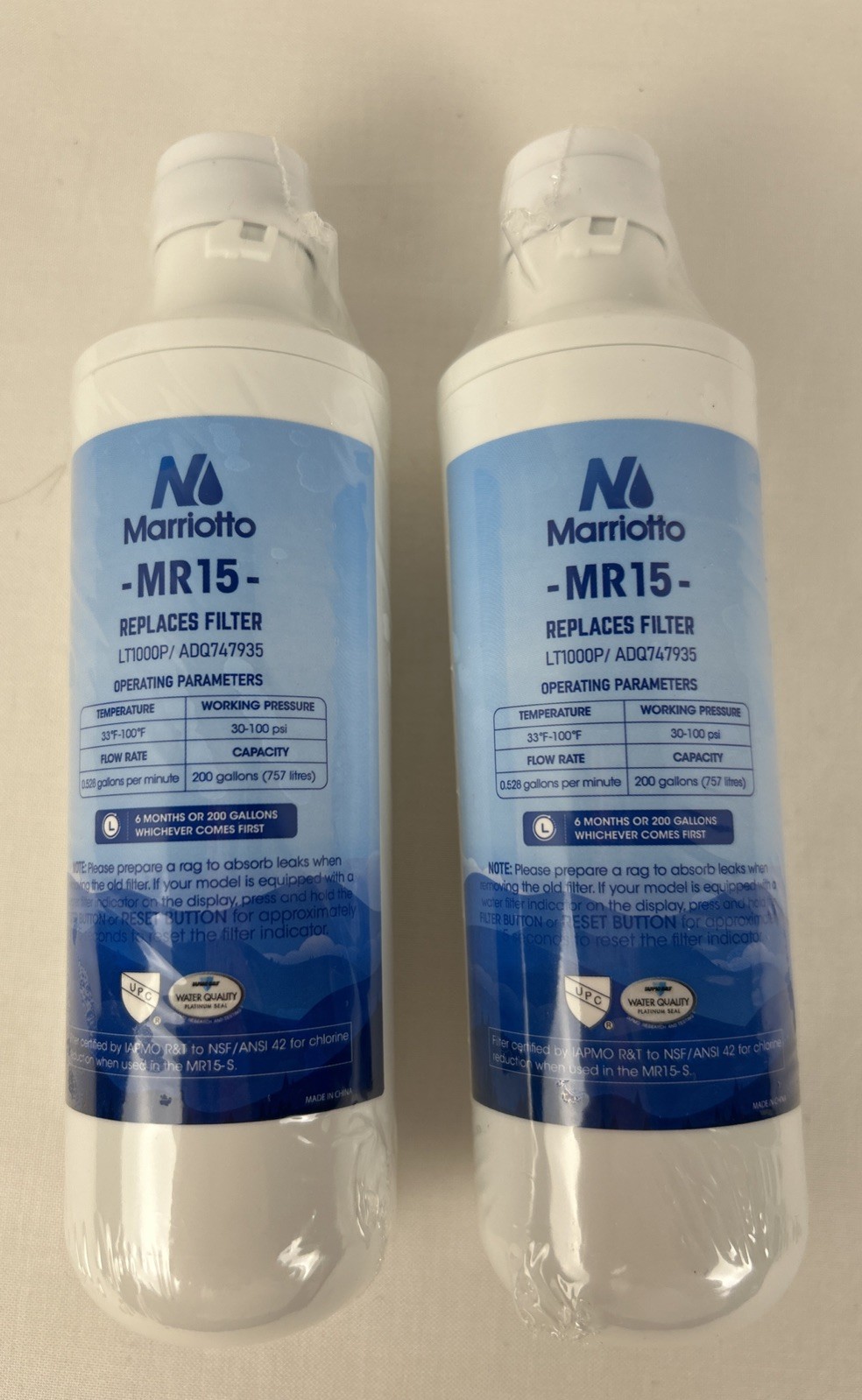 Marriotto MR15 Refrigerator Water Filter Replaces LG LT1000P ADQ747935 Lot/2 NOB