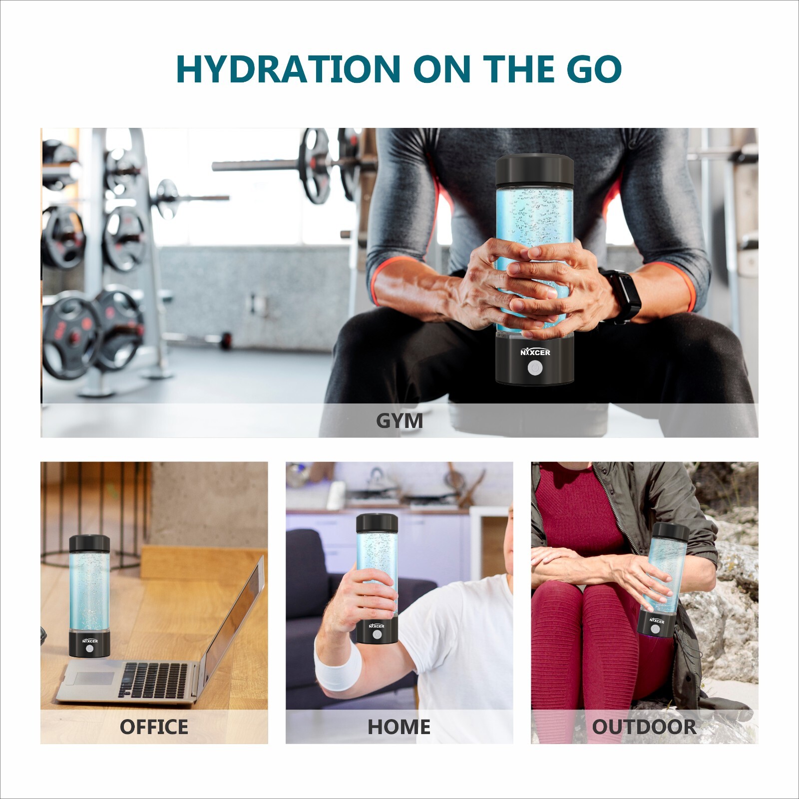 NIXCER HYDROGEN 3 MIN SPE PEM TECH 2025 MODEL 420ML HYDRO WATER BOTTLE BLACK