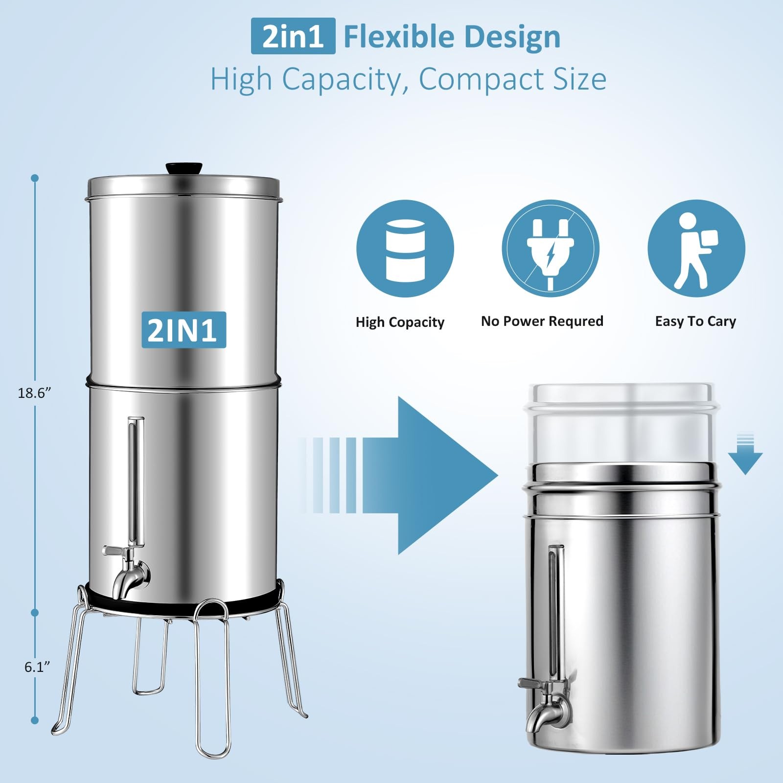 2.25G Ultra-Filtration Gravity Water Filter System, 304 Stainless Steel Count…