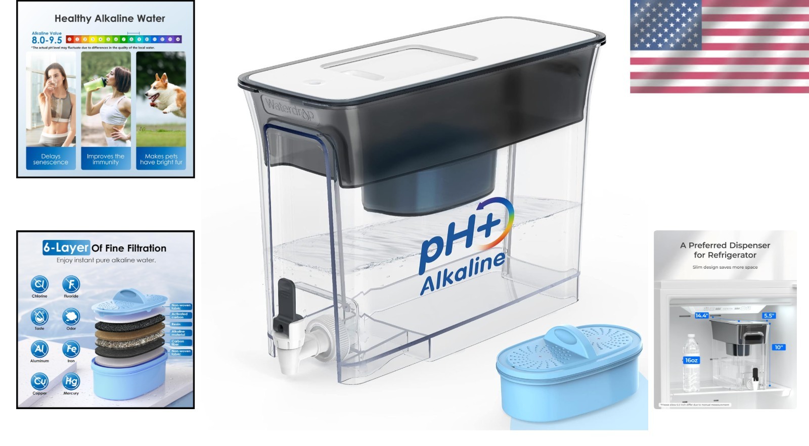 Healthy Alkaline Water Filter, 35-Cup Dispenser – Long Lifespan, BPA-Free, Black