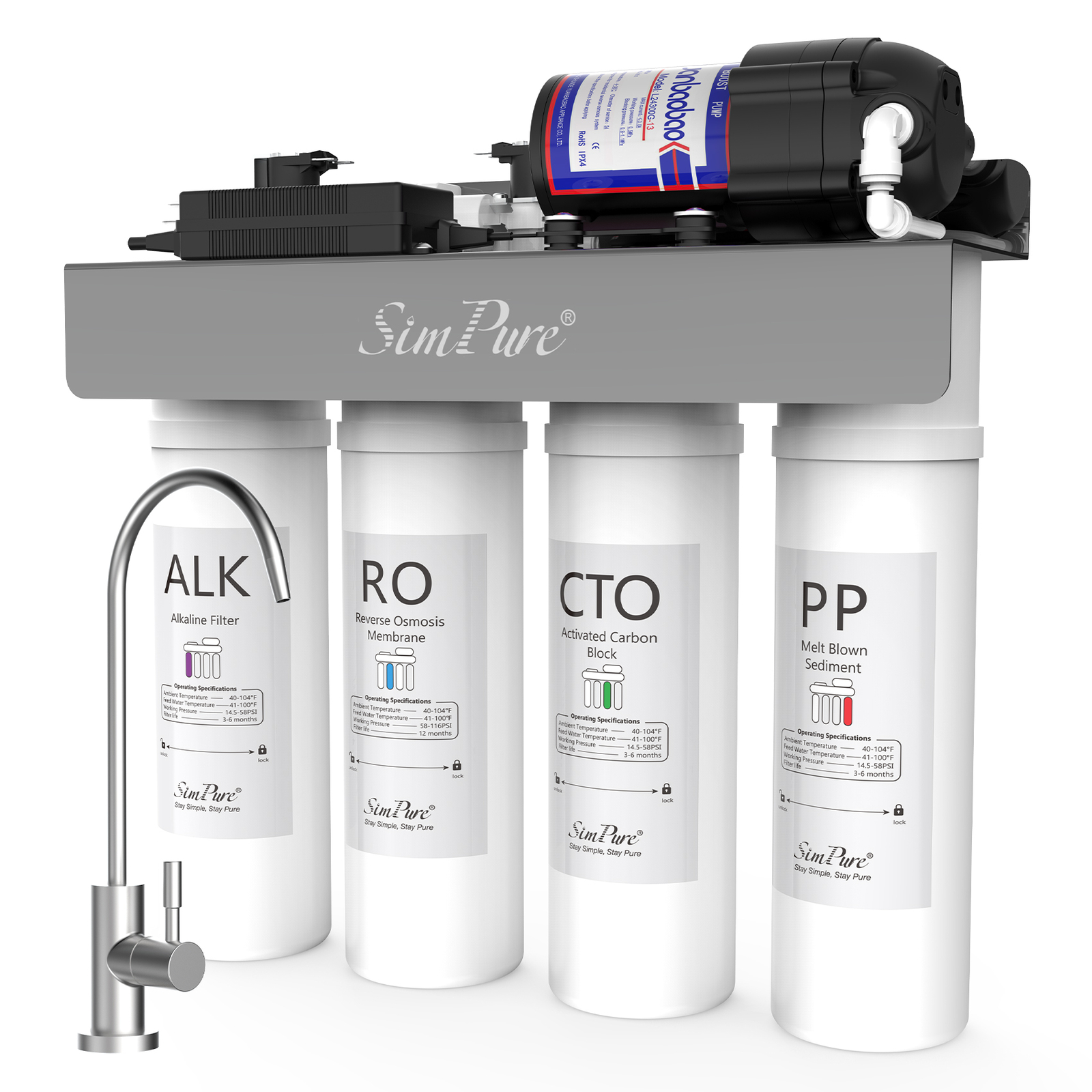 SimPure WP2-400GPD UV Alkaline pH+ RO Reverse Osmosis Drinking Filtration System