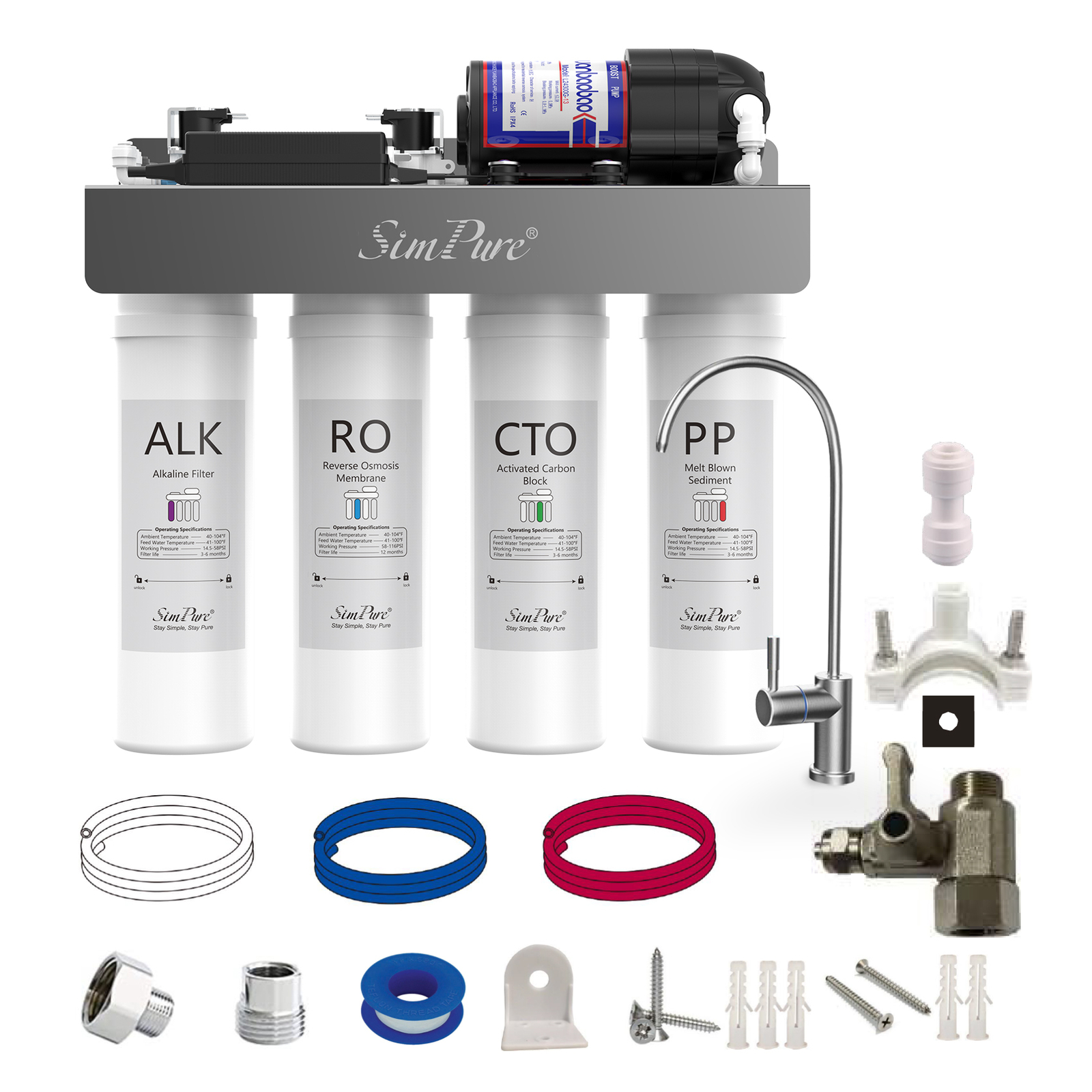 SimPure WP2-400GPD UV Alkaline pH+ RO Reverse Osmosis Drinking Filtration System