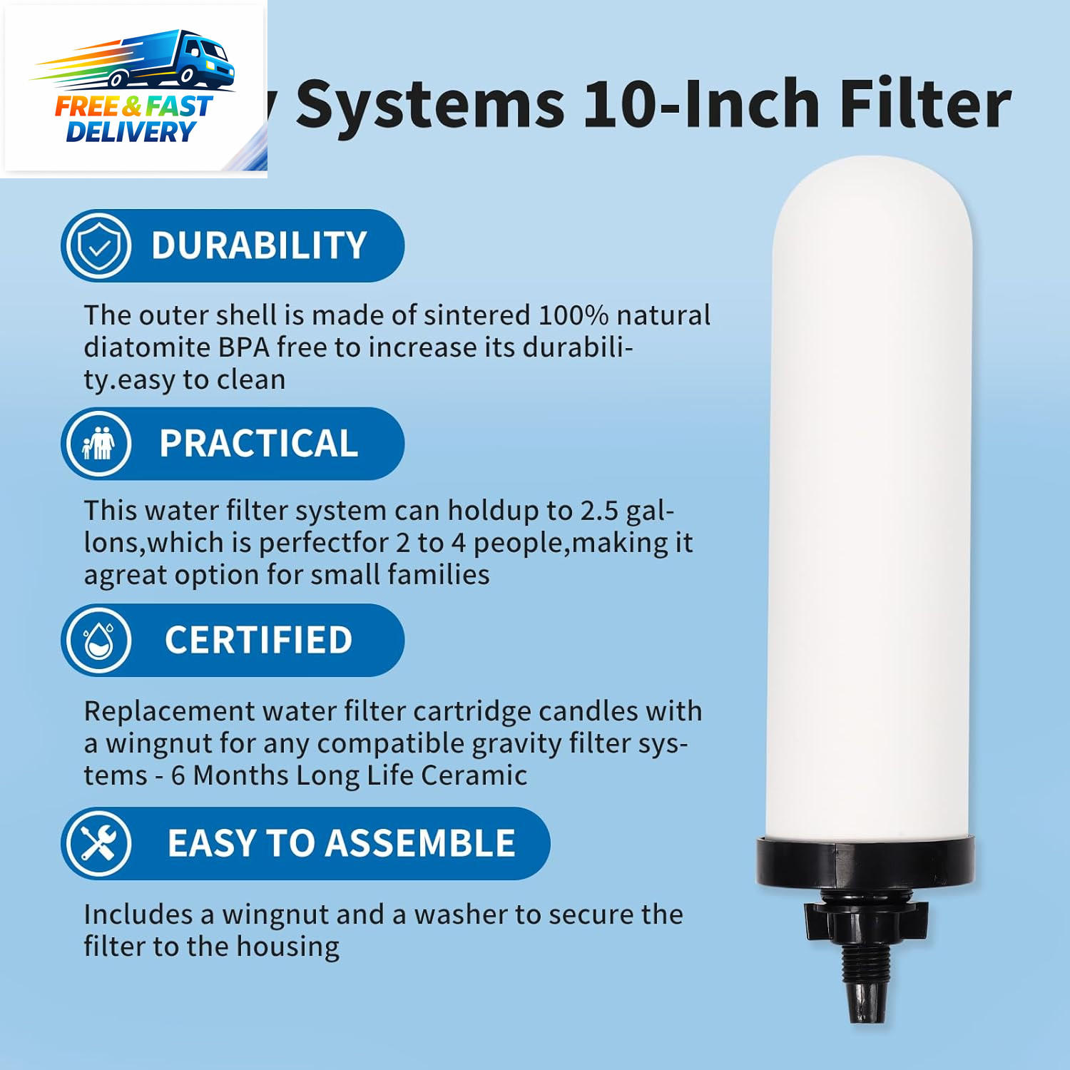 2 Pack 7» Ceramic Water Filter Candle,7 Inch Water Filter Replacement Filters w