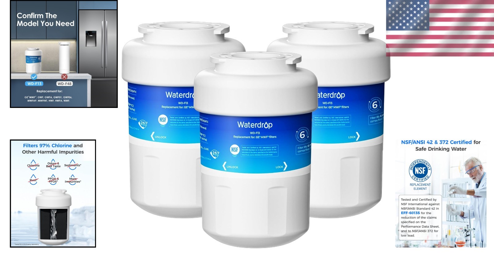 3 Pack Water Filter Compatible with GE MWF NSF Certified Lead Free Material