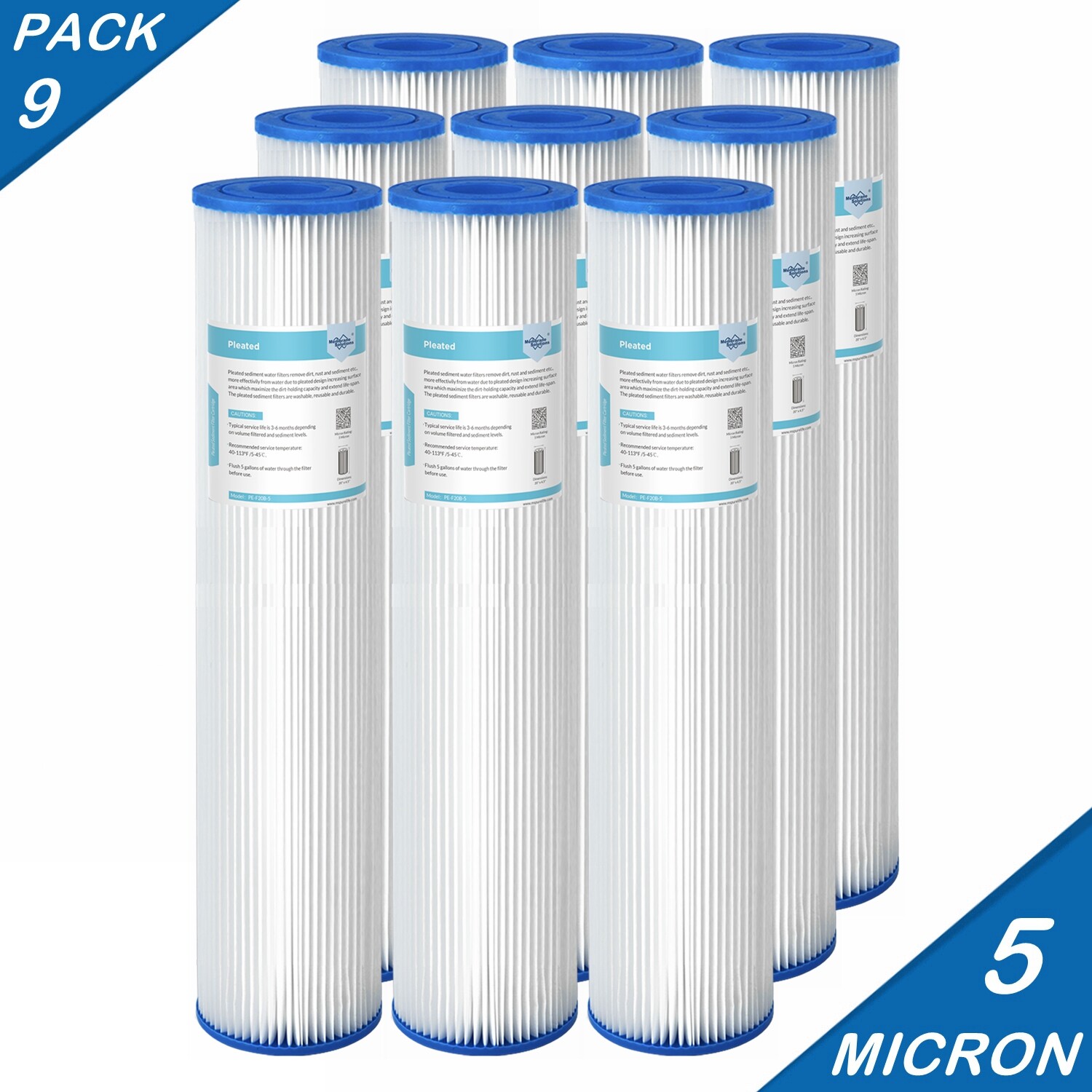 9-Pack 20″x4.5″ Whole House Pleated Sediment Water Filter for Big Blue 5-Micron