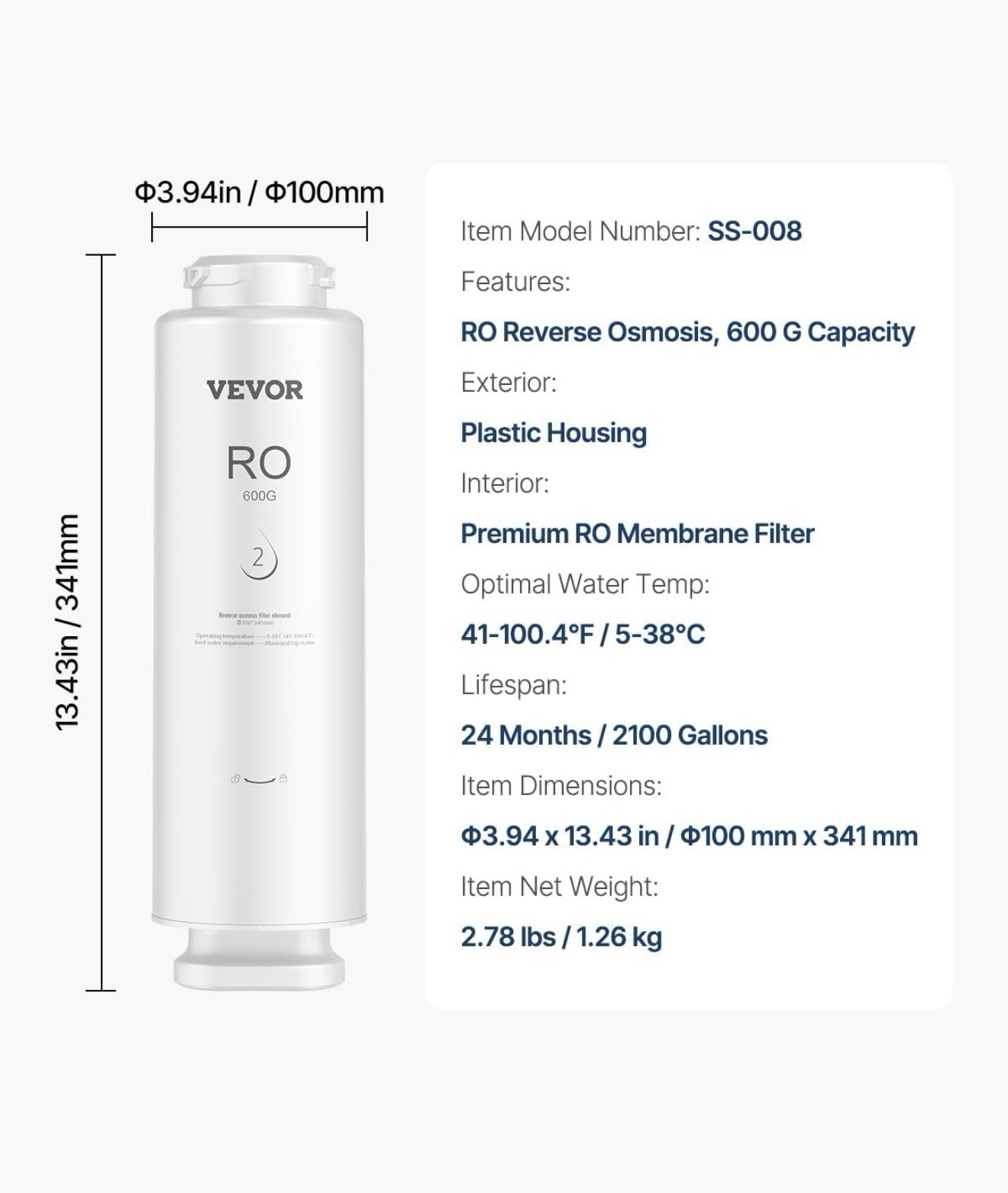 VEVOR Reverse Osmosis Filter,10-Layers RO Water Filter SS-003 600 GPD Under Sink