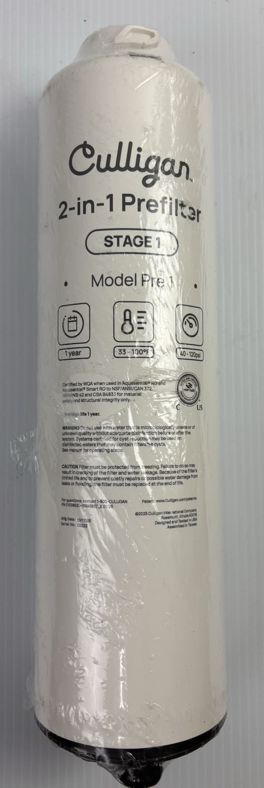 CULLIGAN 2-IN-1 PREFILTER STAGE 1 CARTRIDGE REPLACEMENT MODEL PRE 1