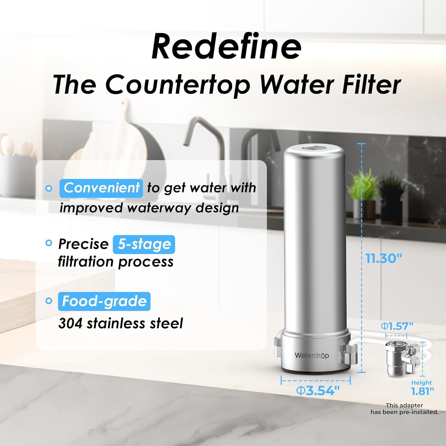 Waterdrop 5-Stage Stainless Steel Countertop Filter System, Faucet Water Filter