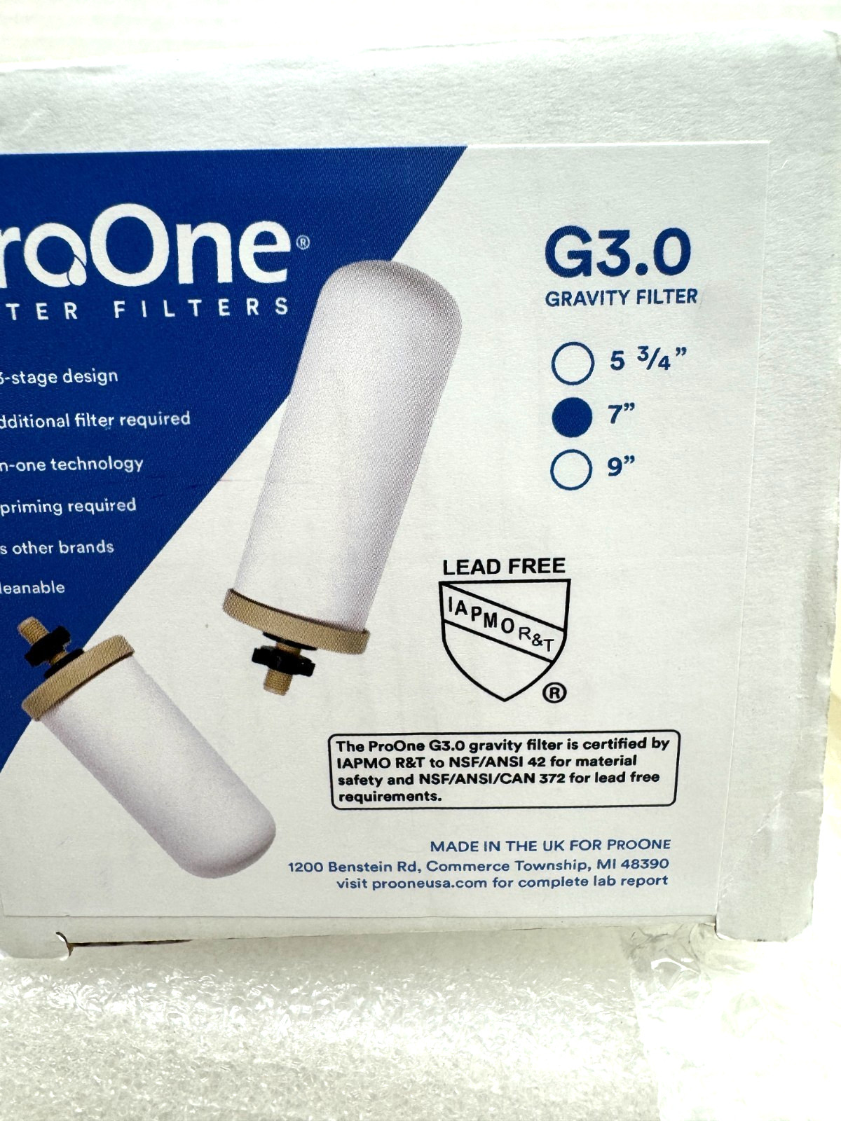 (1) ProOne G3.0 Gravity Water 3 stage filter 7″ replacement, Cleanable
