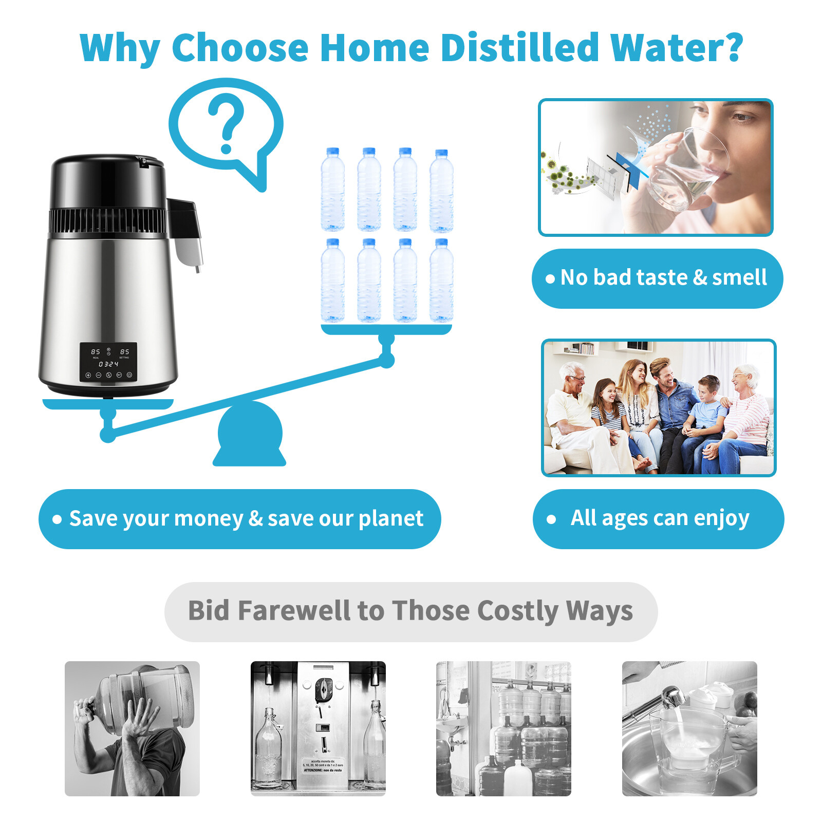4L Water Distiller Distilled Water Maker Filter 1 L/H w/ Timing Dual-Temp Silver