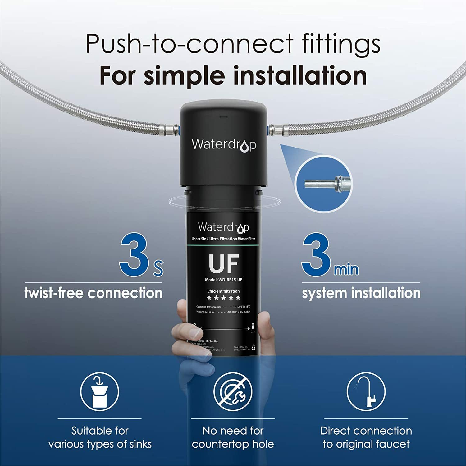 Waterdrop 15UA-UF Filtration Under Sink Water Filter System,NSF 42 Certified