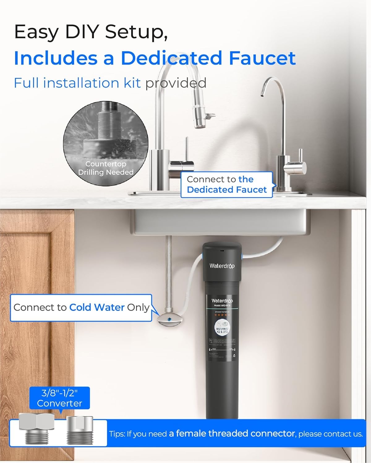 Waterdrop 15UB Under Sink Water Filter System, with Dedicated Faucet, 16K Gal