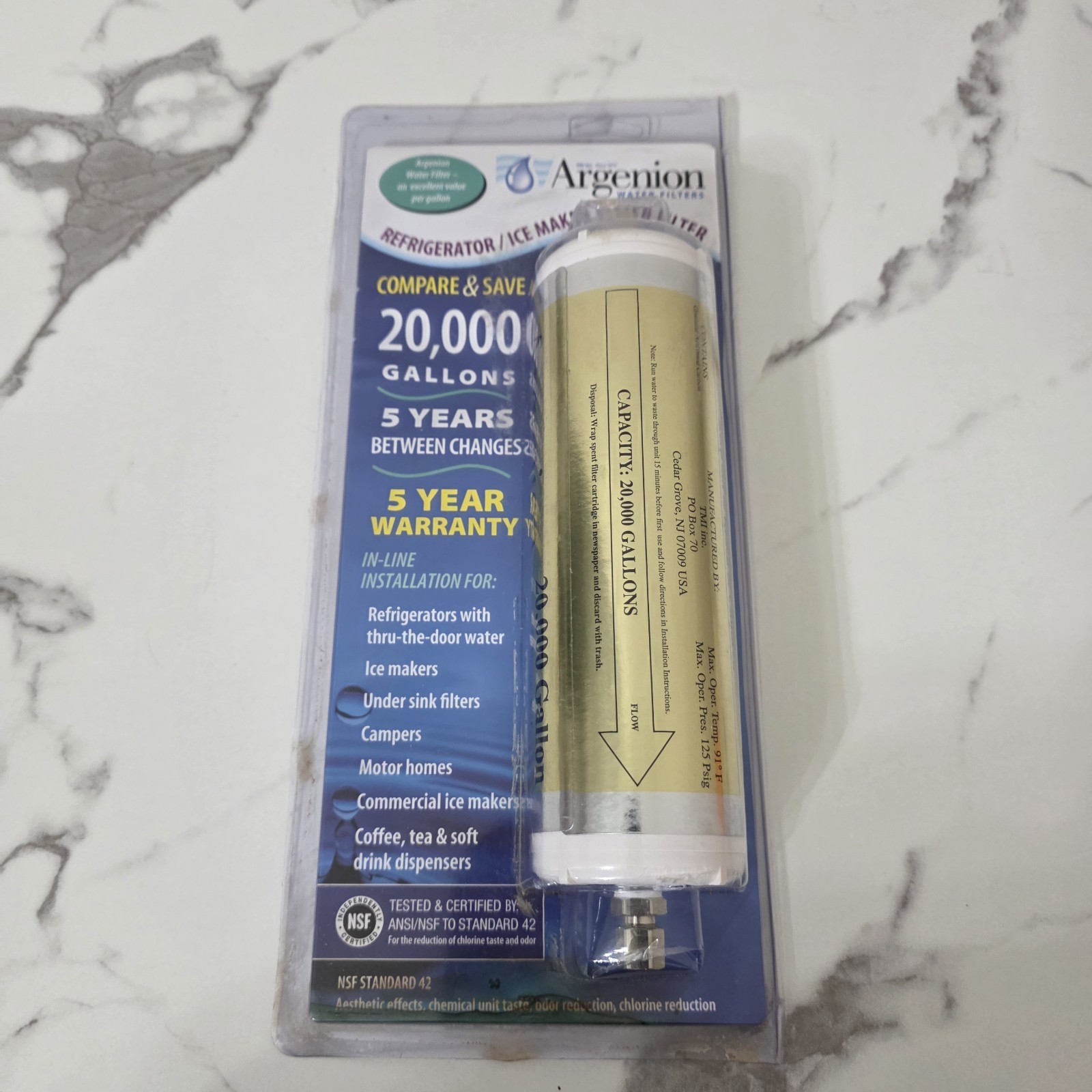 Argenion 20,000 Gal. Refrigerator In-line Water Filter 5 Yr.