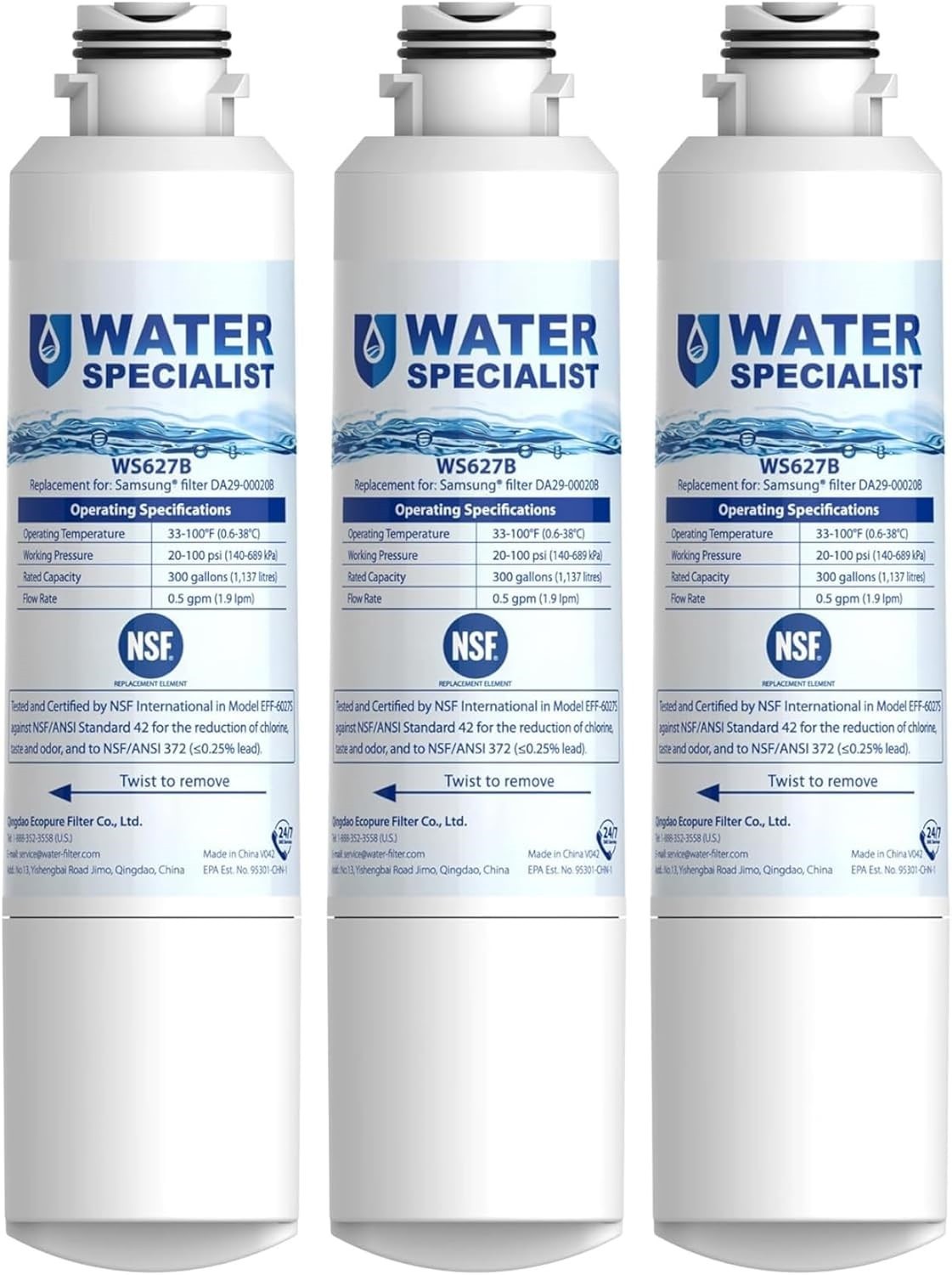 3 Pack Waterspecialist DA29-00020B Replacement Water Filter for Samsung Fridges