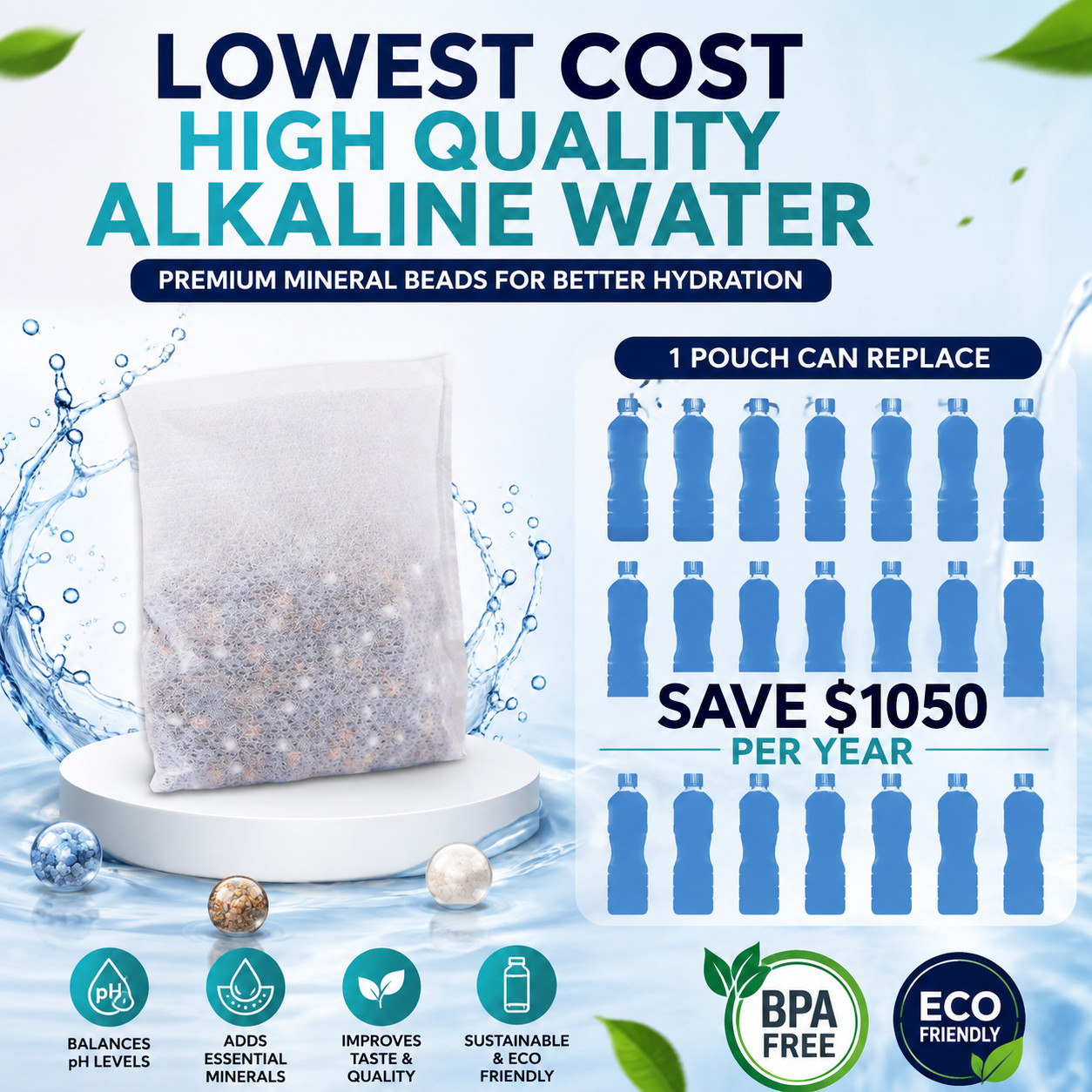 Alkaline Water Filter Pouch 3-Pack 30g – Raise pH 9+ – Portable BPA-Free