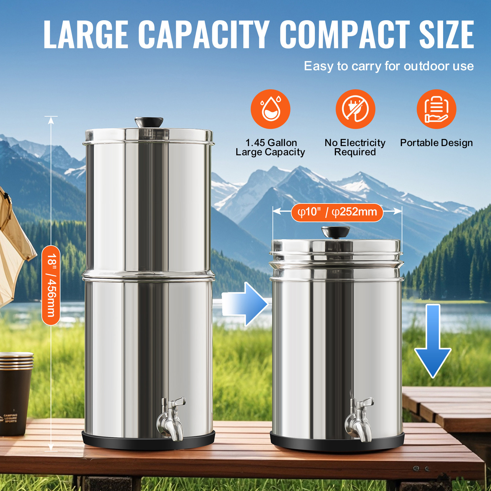 1.5G Gravity-fed Water Filter Countertop System Stainless Steel 2 Filters