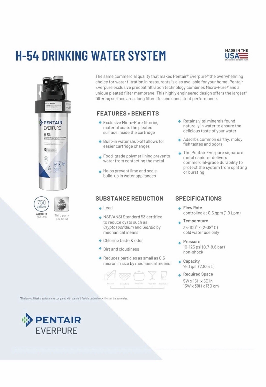 Pentair Everpure H-54 Drinking Water System, EV925267, NSF Certified 750 Gallon