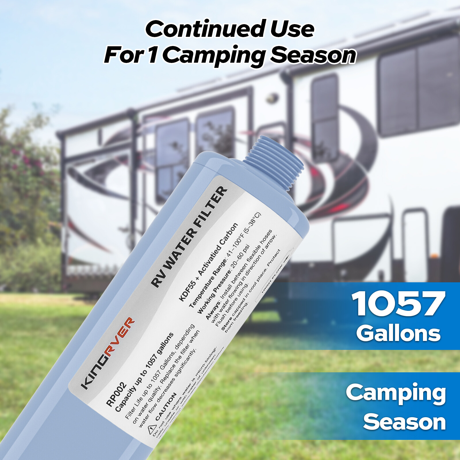 RV Water Filter w/ Flexible Hose Protector GAC & KDF Filtration for Fresh Drink