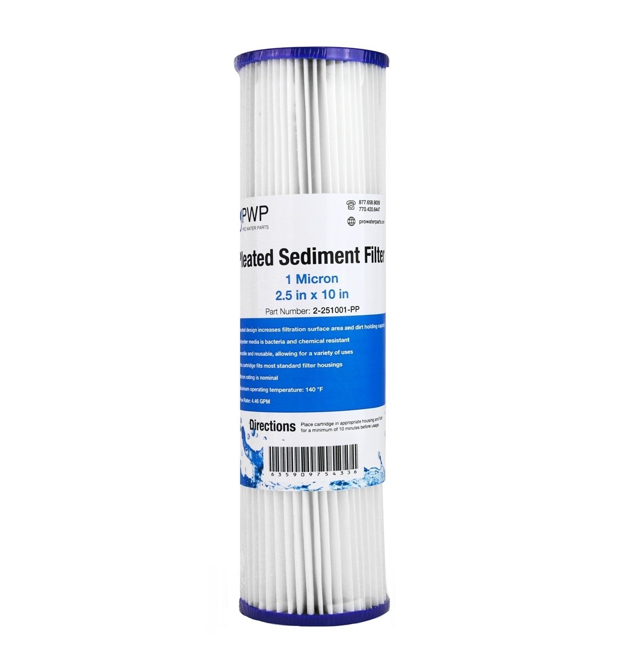 Pleated Poly Sediment Water Filter Cartridge Standard 2.5×10″ 1 Micron 25 Pack
