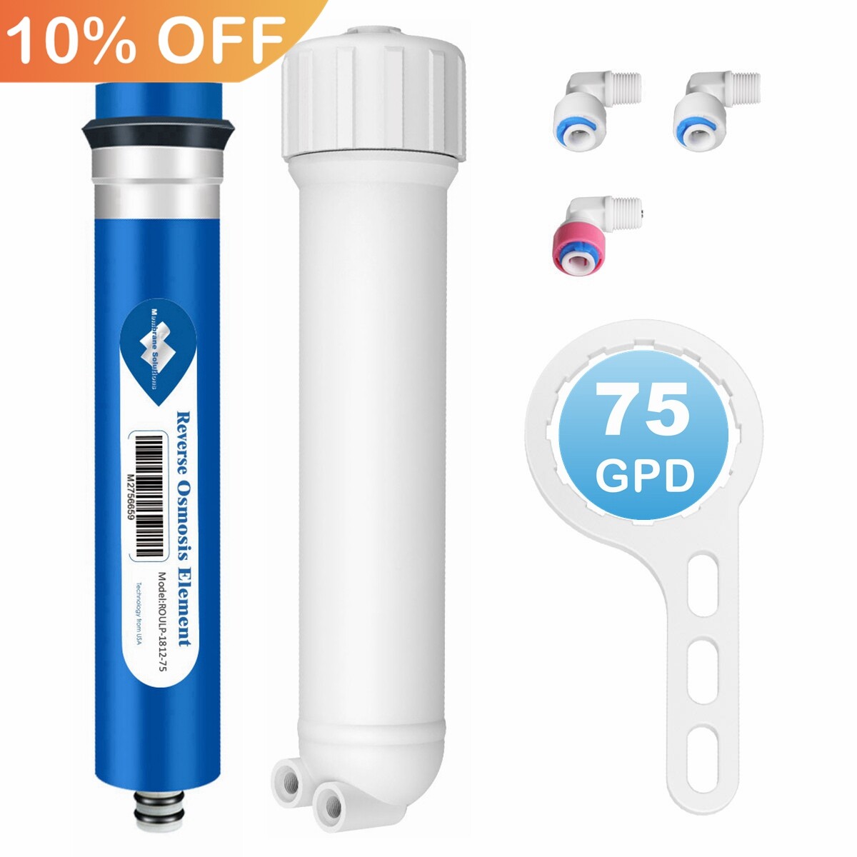 75 GPD RO Membrane Reverse Osmosis System Water Filter Quick-Connect Housing Kit