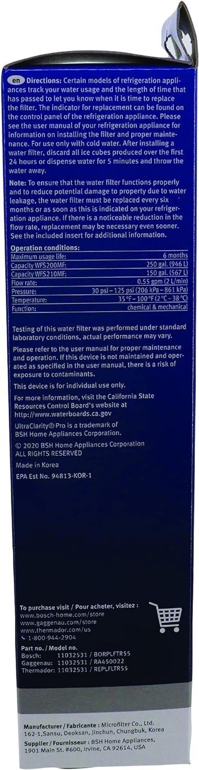 1 PACK Bosch Ultra Clarity Pro BORPLFTR50 Water Filter Blue #WFS200MF/WFS210MF