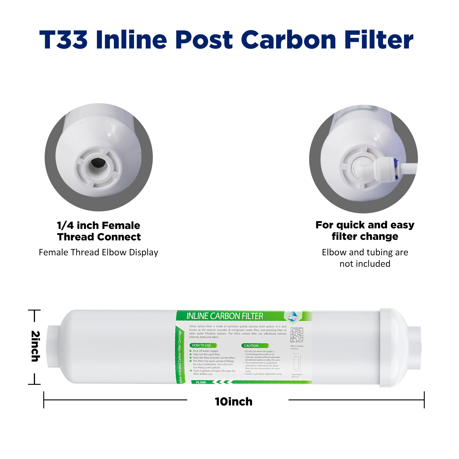 10″x2″ 1/4″ FNPT/Quick Connect T33 Inline Post Carbon Water Filter Cartridge NSF