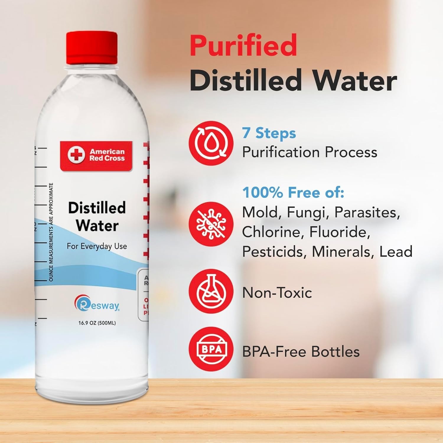 American Red Cross 16.9 fl.oz Bottled Distilled Water – Eco-Friendly Pack of 24