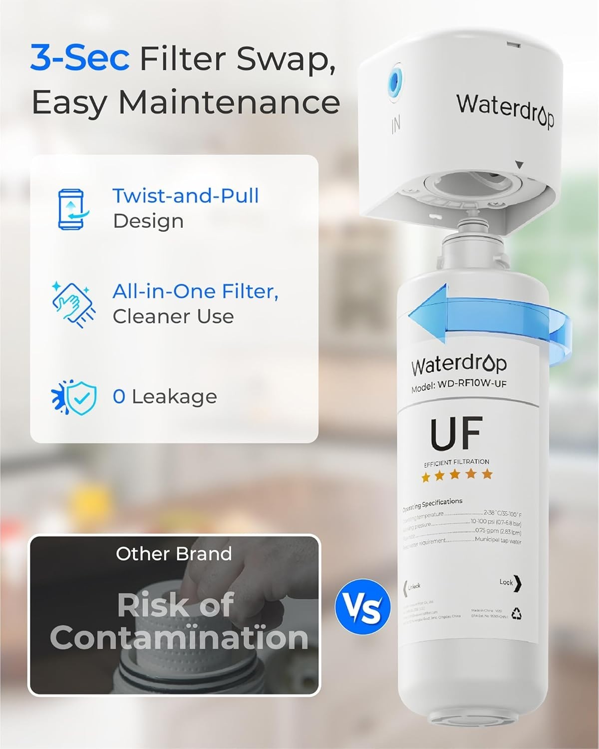Waterdrop 0.01 μm Under Sink Water Filter Replacement for Waterdrop 10UAW-UF