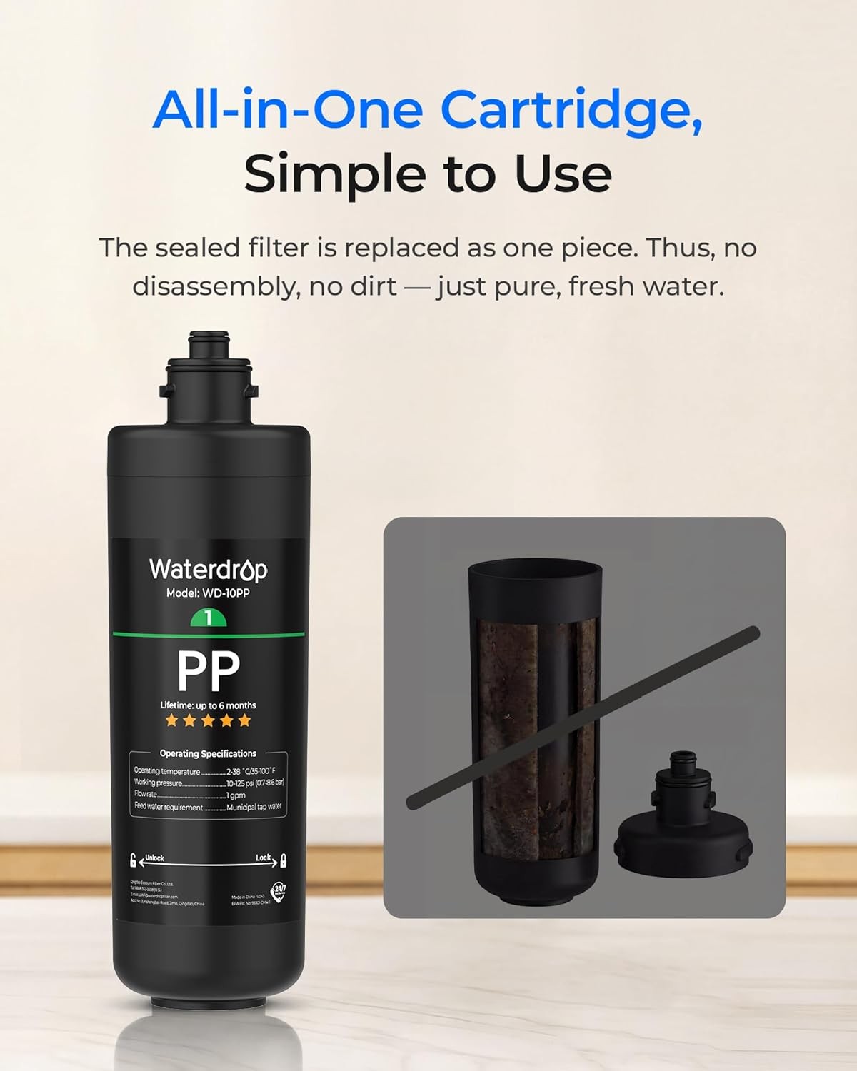 Waterdrop WD-10PP-2 Under Sink Water Filter, Replacement for Waterdrop TSA & TSB