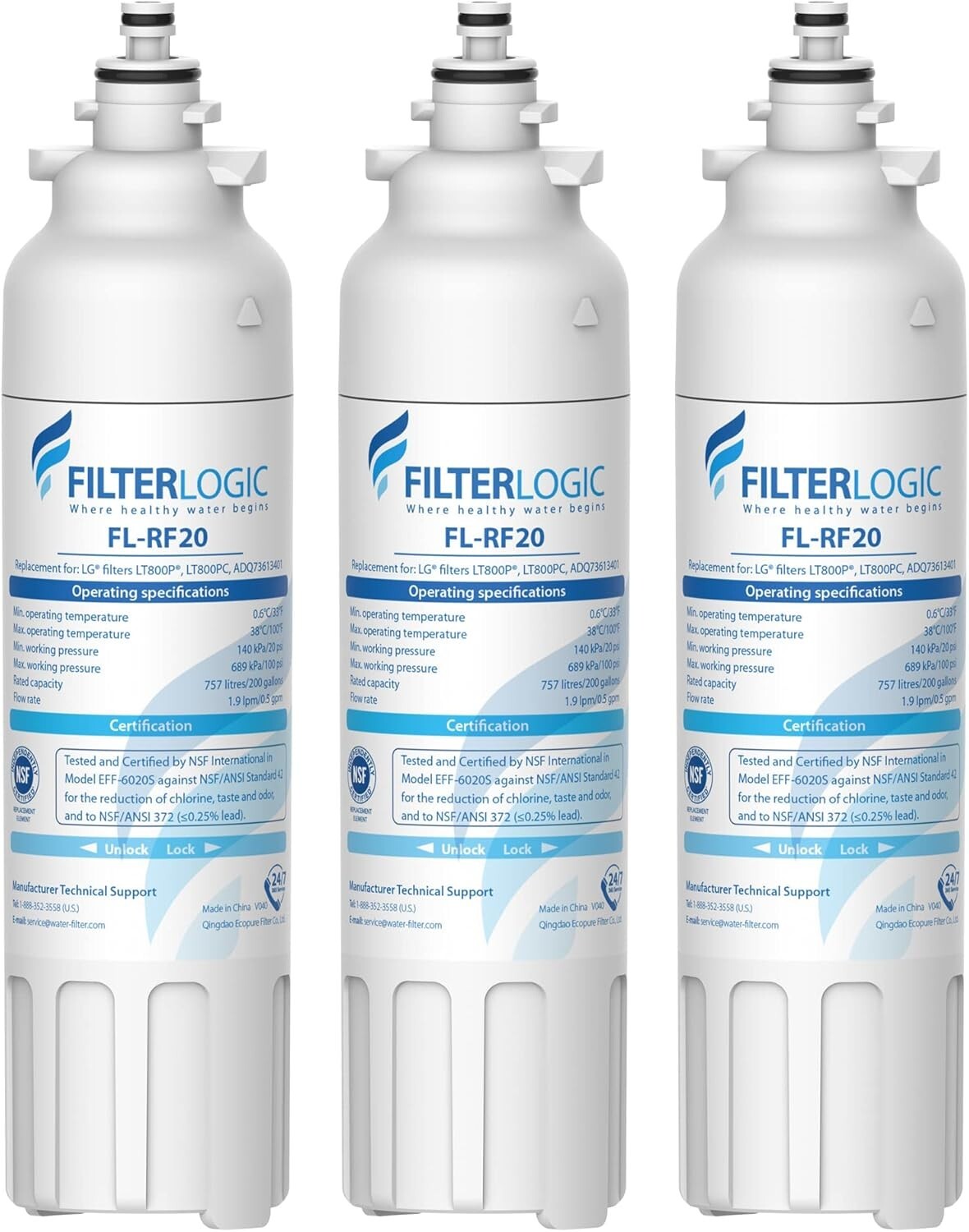 Filterlogic ADQ73613401 Refrigerator Water Filter, Replacement for LG®LT800P®(3)