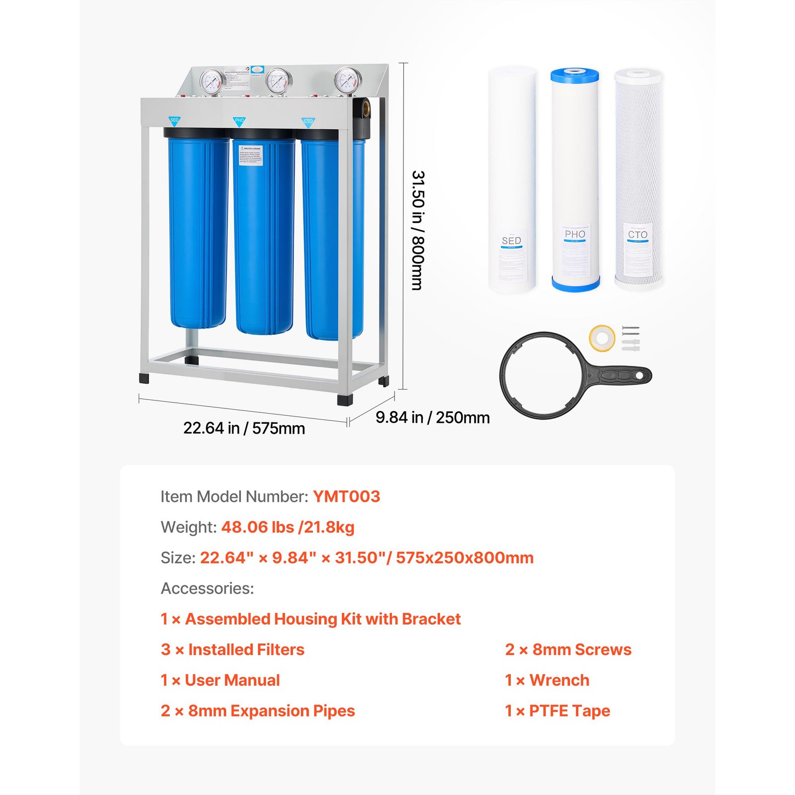 3-Stage Whole House Water Filter System 4.5″ x 20″ PHO Prevent Scale Build