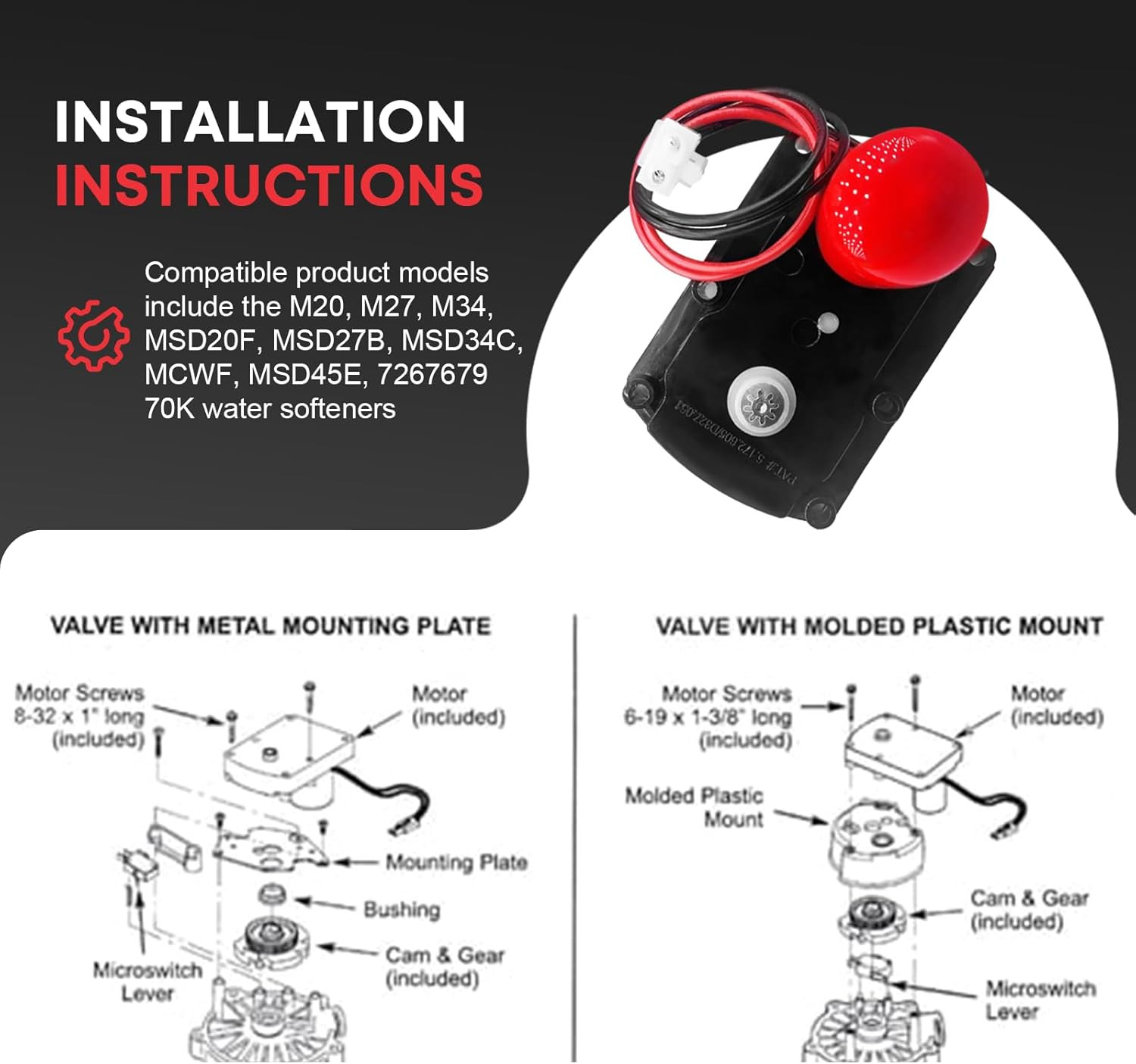 Water Softener Valve Motor Replacement with Screws – Fits Multiple Models