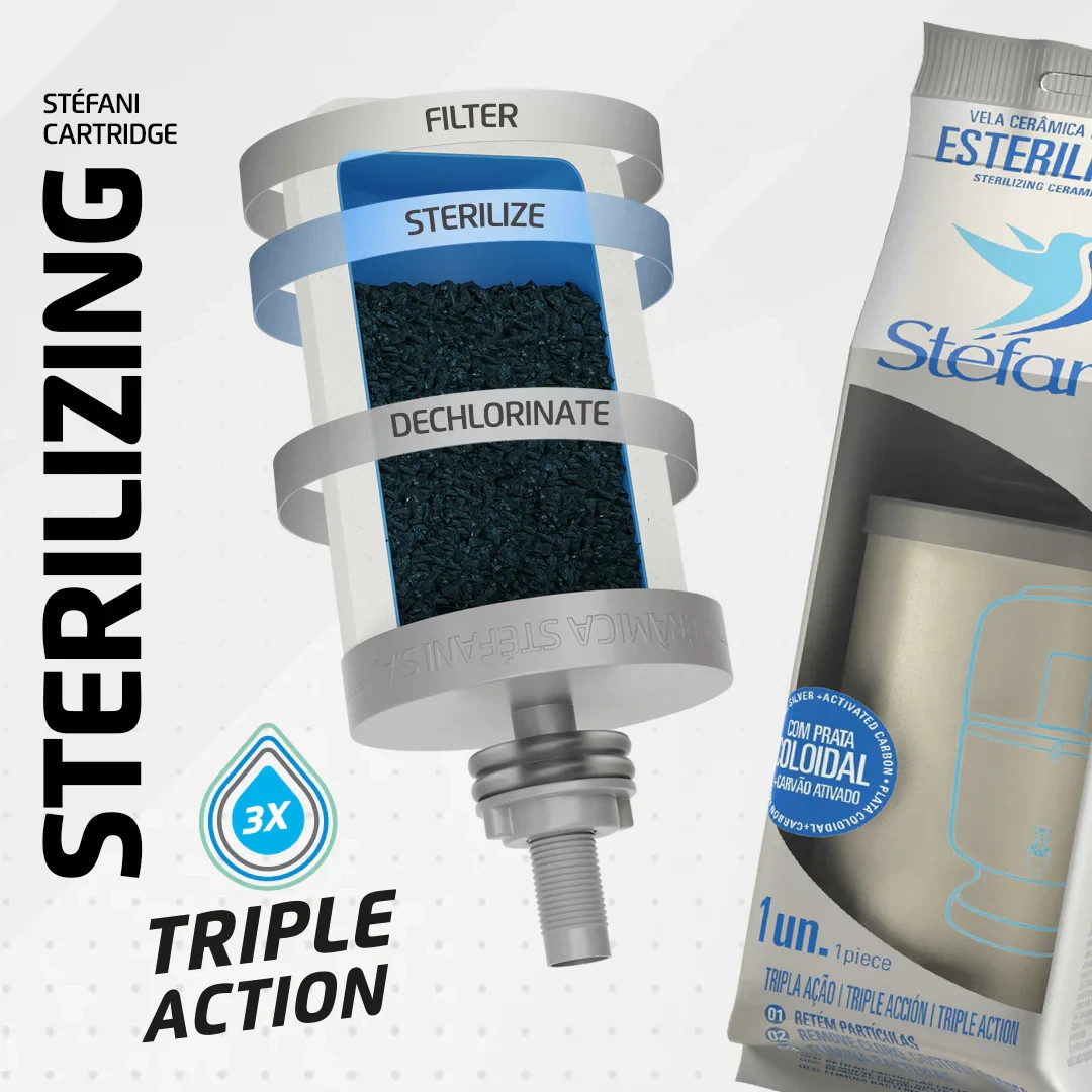 Stefani Ceramic Water Filter Cartridges Triple Action Carbon Silver, 4 Pack