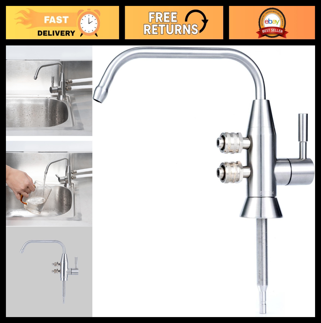 Stainless Steel Alkaline Water Faucet 1/2″ Dual Spout Ionizer for Filtration Sys