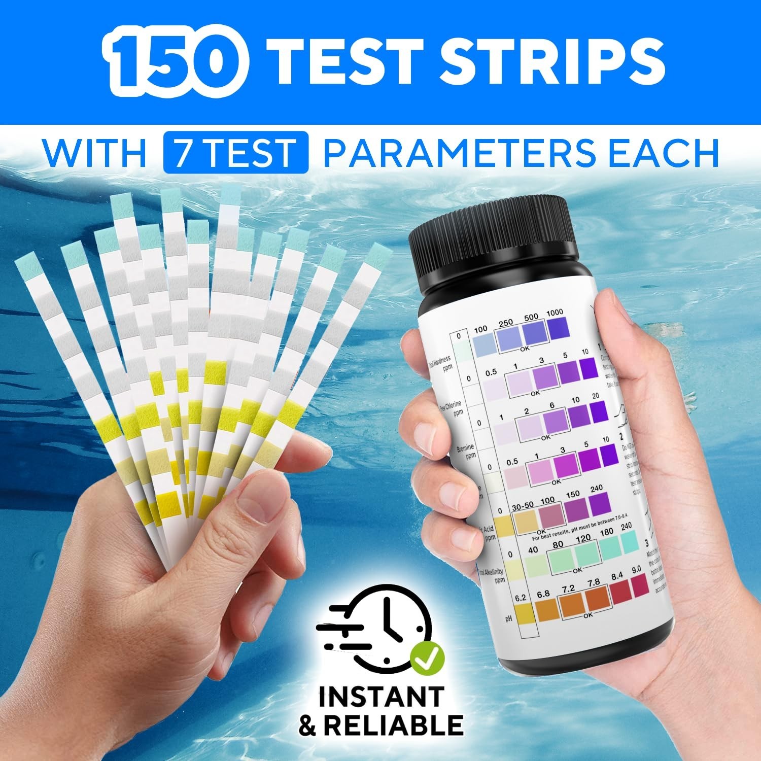 7-in-1 Accurate Pool Test Strips – 150 Hot Tub Spa Test Strips – Quick Pool Wate