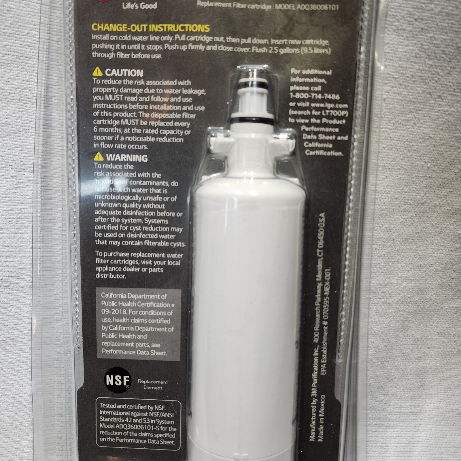 LG Refrigerator Filter LT700P/PC/PCS ADQ360061 Capacity 200 Gallons NEW Sealed