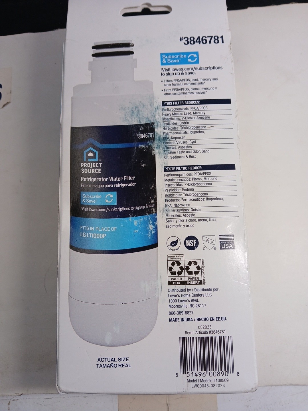 Project Source 3846781 TWO Pack Refrigerator Water Filter L-5-2 Fits LG LT1000P