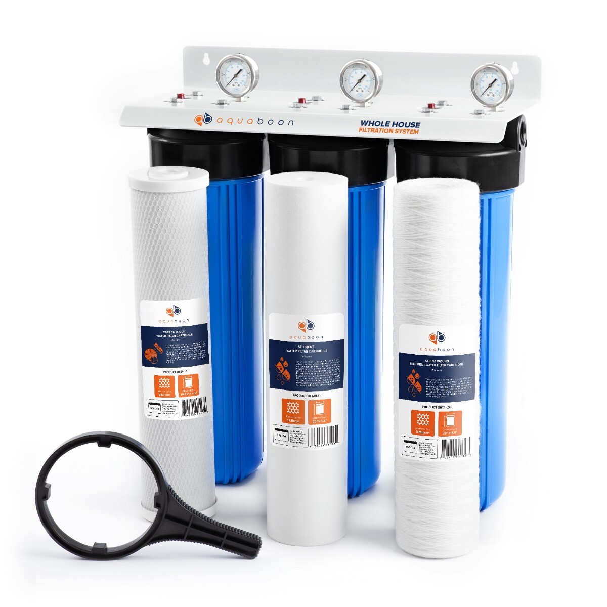3-Stage Big Blue 20″ Whole House System 1″ Port+,Carbon,Sediment,String Filters