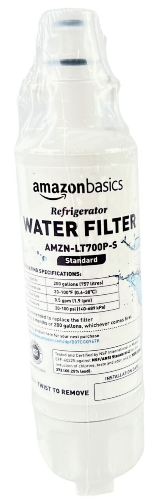 AmazonBasics Refrigerator Water Filter AMZN-LT700P-S 200 Gallons Standard NSF Ce