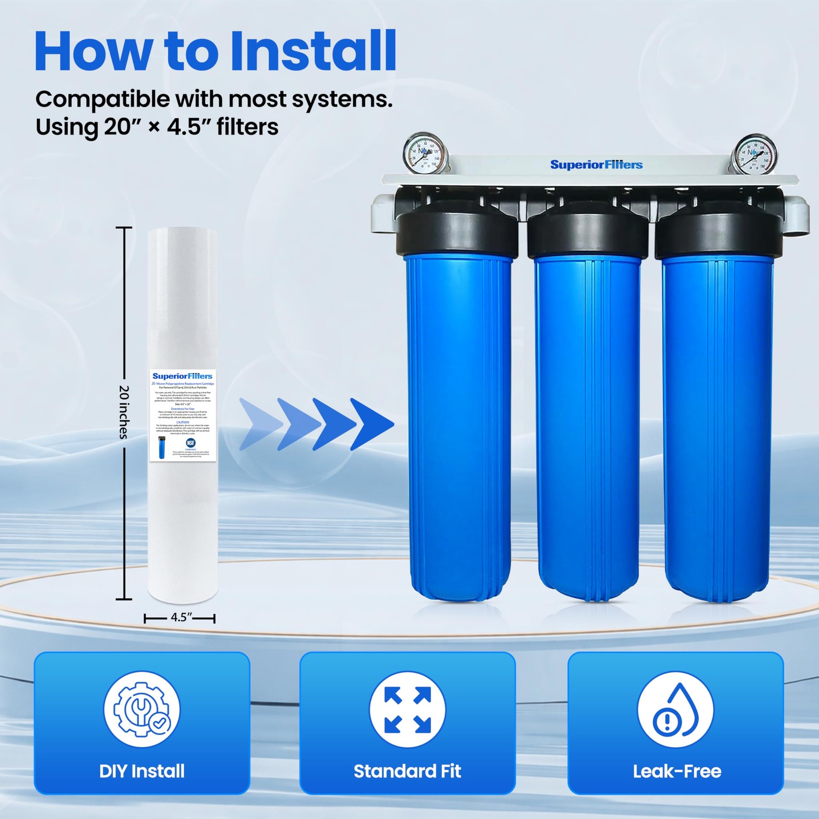 Sediment water filter cartridge 1 Micron 4.5” X 20” Whole House 2/2/3/4/6/10 pk