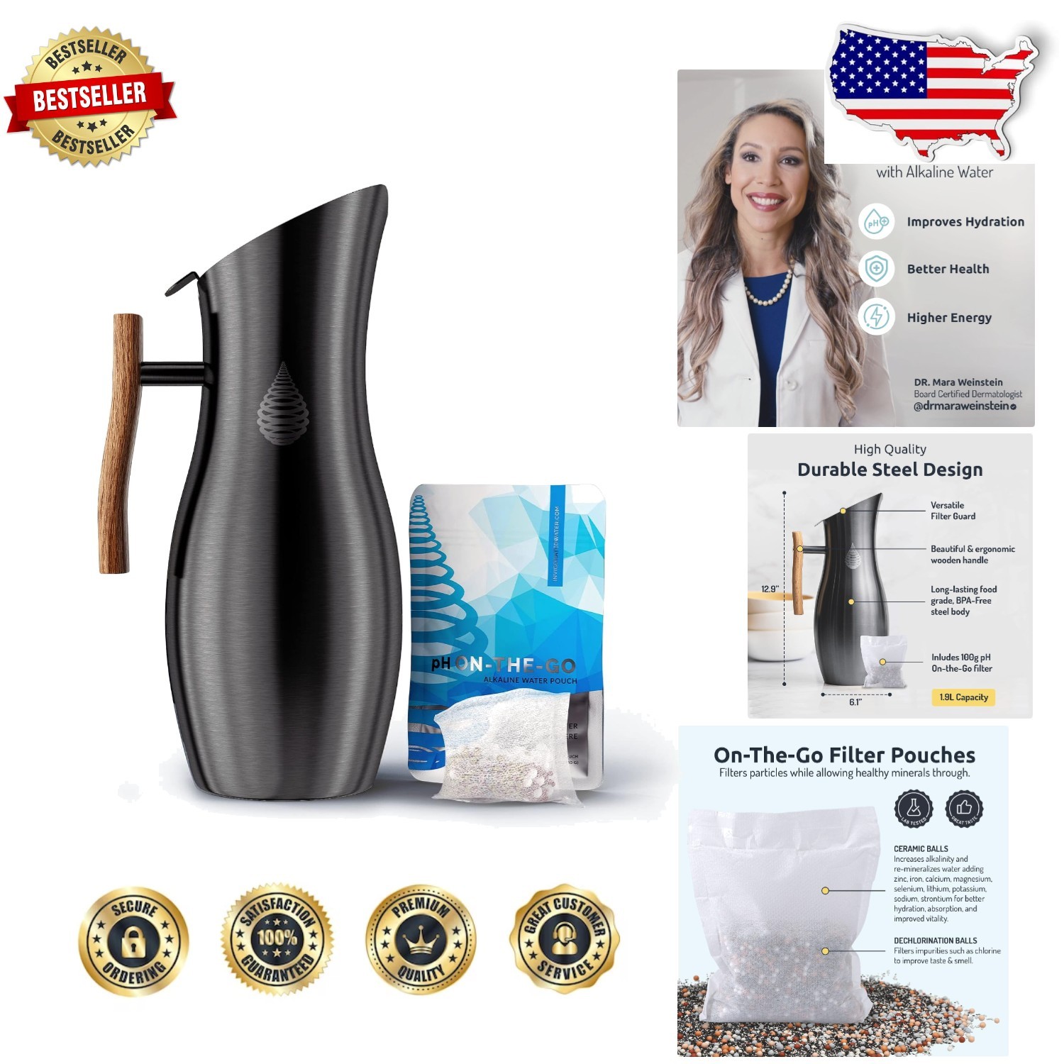 Stainless Steel Water Filter Pitcher 8-Cup Long-Life 105 Gal BPA-Free