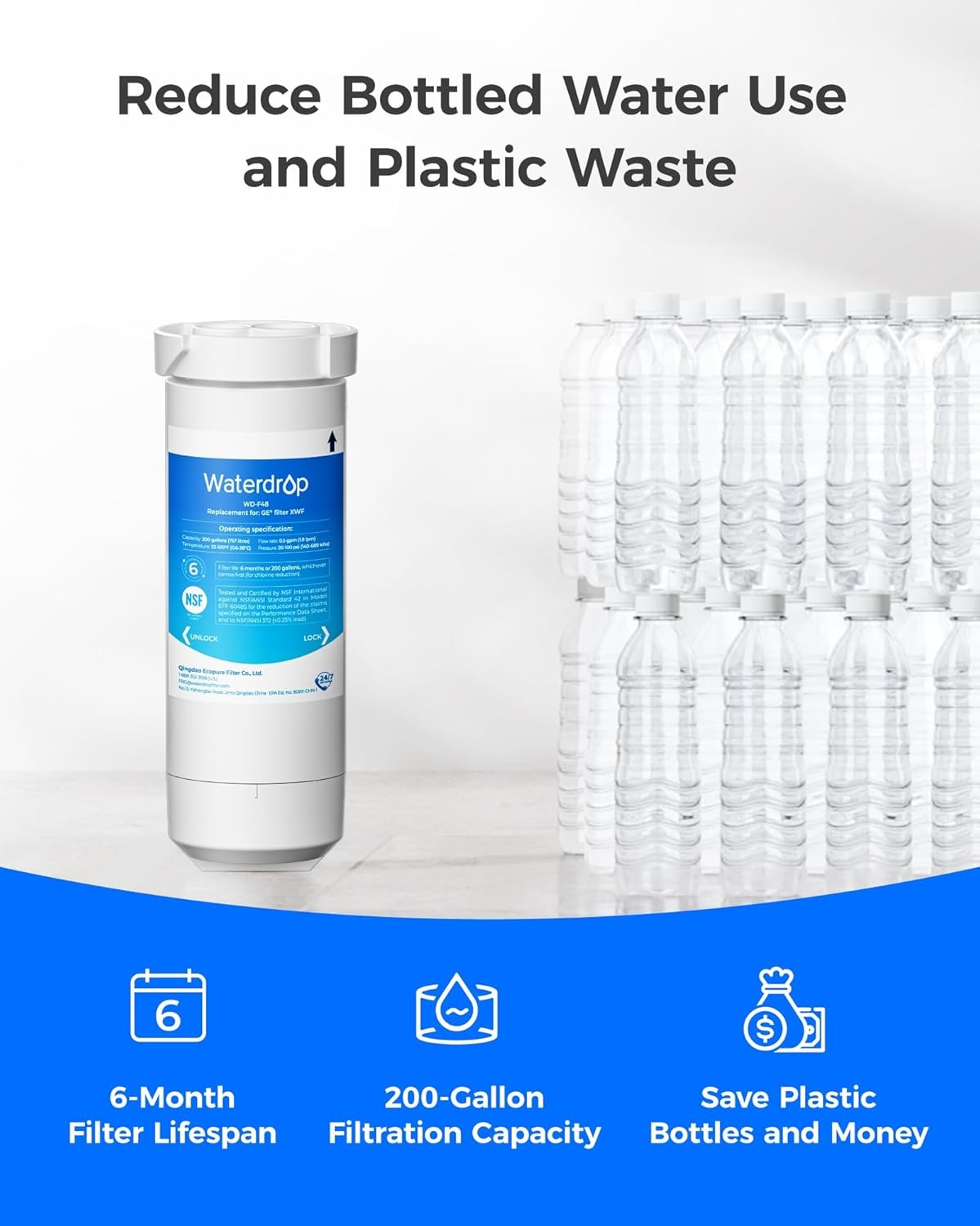 Waterdrop XWF Replacement For GE® XWF Refrigerator Water Filter, Pack of 6