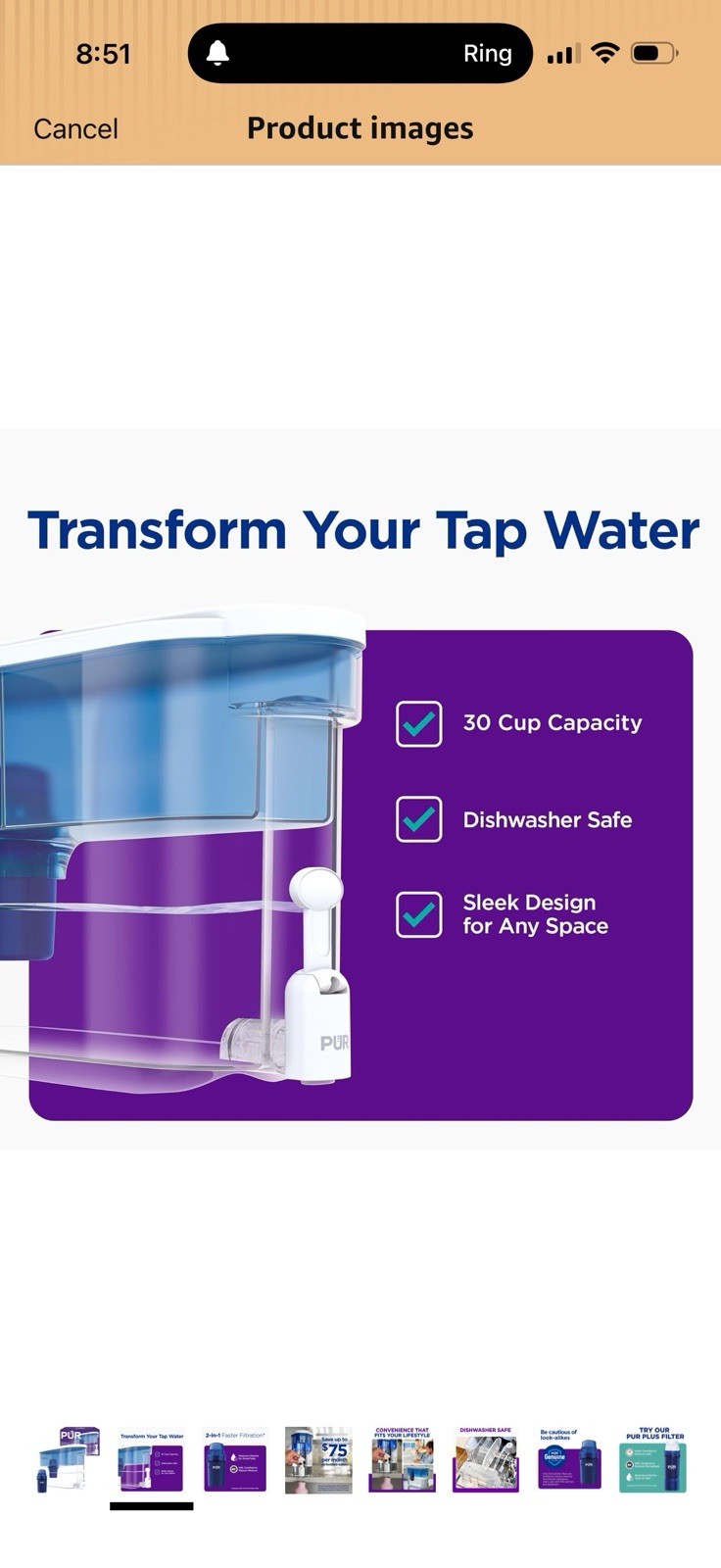 PUR 30-Cup Filter Jug Water Dispenser, Carbon Filter, Blue/White/Clear
