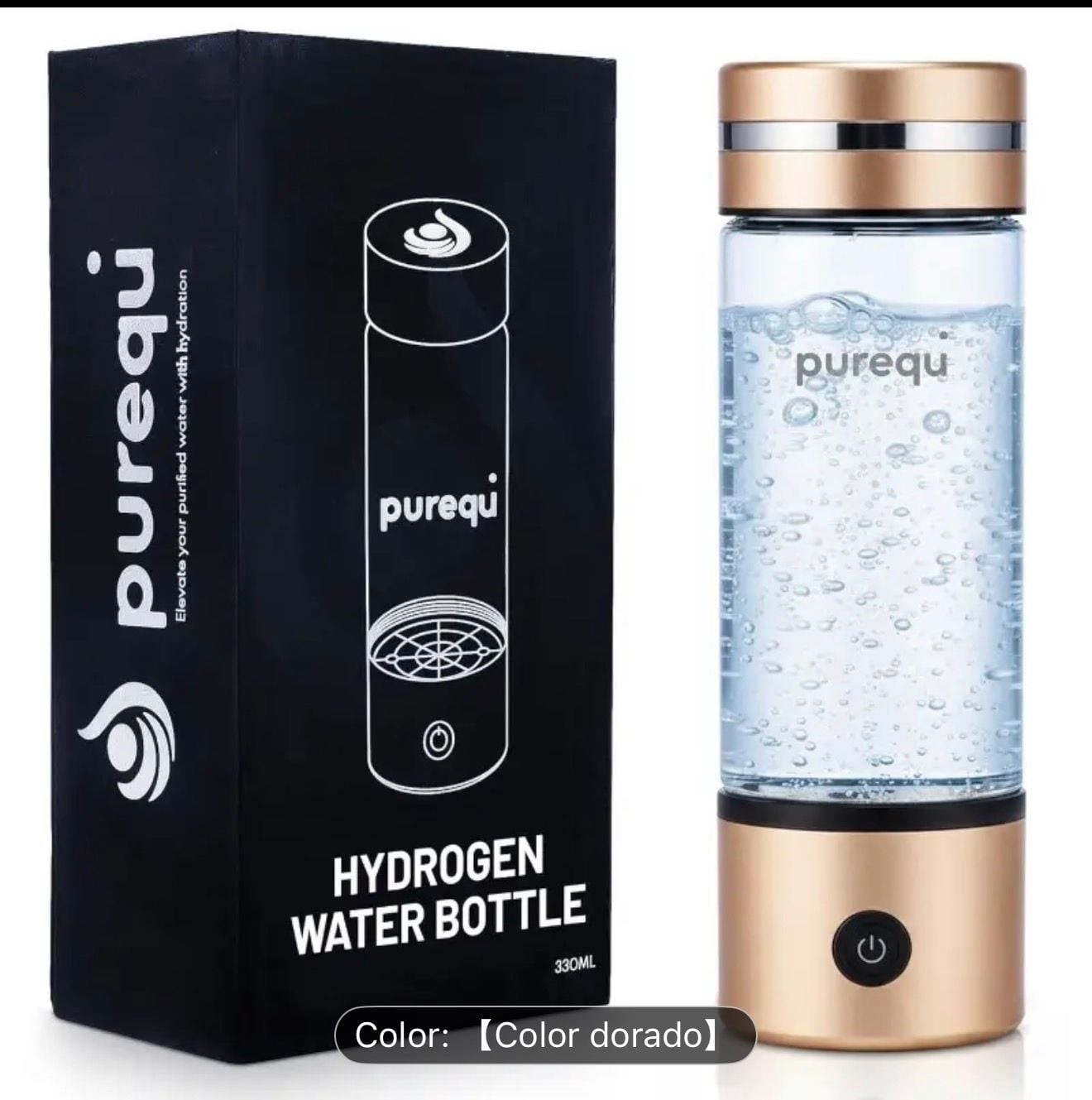 Purequi 330ML Portable Hydrogen Water Bottle Generator with Gold Trim