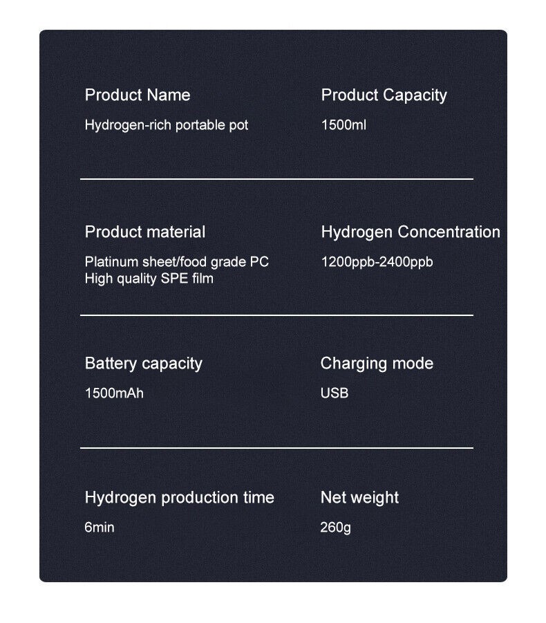 Hydrogen Water Bottle 1.5L Hydrogen Rich Portable Rich Hydrogen Water Generator